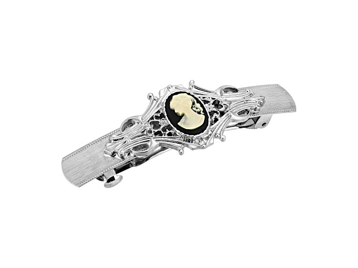 1928 Jewelry Silver Tone Black and Ivory Cameo Oval Bar Barrette