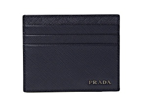Prada Saffiano Mens Baltico Blue Credit Card Wallet Silver Logo