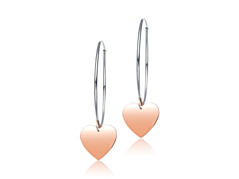 Two Tone Rhodium & 18k Rose Gold Plated over Sterling Silver with Heart Dangle Hoop Earrings