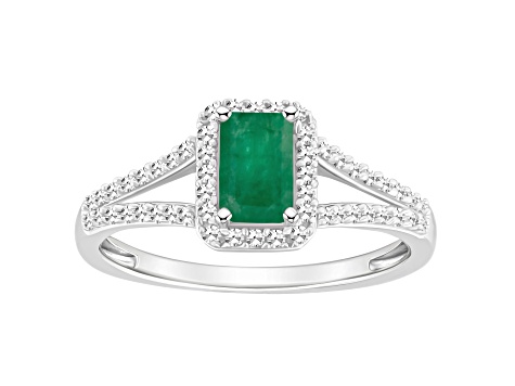 6x4mm Emerald Cut Emerald 1/4 ctw Diamond Rhodium Over Sterling Silver Halo Ring