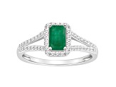 6x4mm Emerald Cut Emerald 1/4 ctw Diamond Rhodium Over Sterling Silver Halo Ring