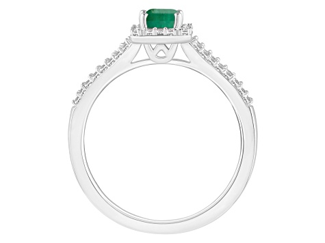 6x4mm Emerald Cut Emerald 1/4 ctw Diamond Rhodium Over Sterling Silver Halo Ring