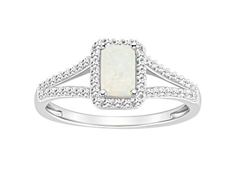 6x4mm Emerald Cut Opal 1/4 ctw Diamond Rhodium Over Sterling Silver Halo Ring