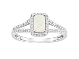 6x4mm Emerald Cut Opal 1/4 ctw Diamond Rhodium Over Sterling Silver Halo Ring