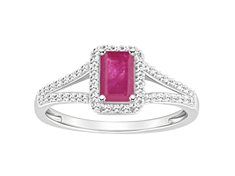 6x4mm Emerald Cut Ruby 1/4 ctw Diamond Rhodium Over Sterling Silver Halo Ring