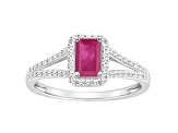 6x4mm Emerald Cut Ruby 1/4 ctw Diamond Rhodium Over Sterling Silver Halo Ring