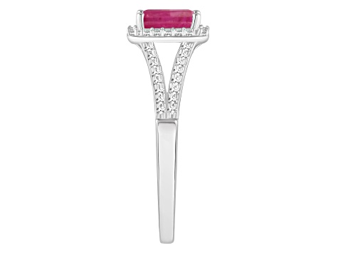 6x4mm Emerald Cut Ruby 1/4 ctw Diamond Rhodium Over Sterling Silver Halo Ring