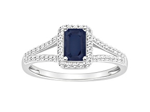 6x4mm Emerald Cut Sapphire 1/4 ctw Diamond Rhodium Over Sterling Silver Halo Ring