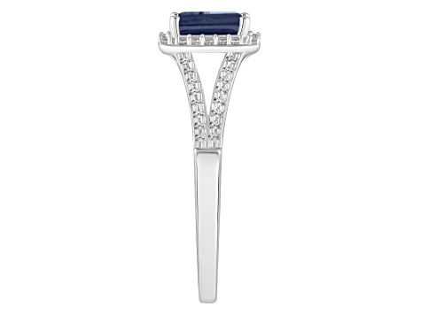 6x4mm Emerald Cut Sapphire 1/4 ctw Diamond Rhodium Over Sterling Silver Halo Ring