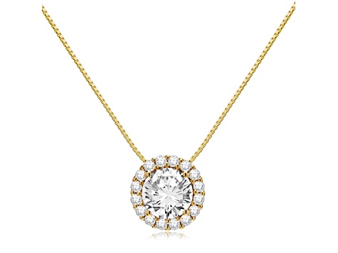 14K Yellow Gold Necklace Round HaloCubic Zirconia Solitaire1.25CTW 18 Inch .60mm Box Link Chain