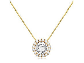 14K Yellow Gold Necklace Round HaloCubic Zirconia Solitaire1.25CTW 18 Inch .60mm Box Link Chain
