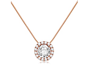 14K  Rose Gold Necklace Round HaloCubic Zirconia Solitaire1.25CTW 18 Inch .60mm Box Link Chain