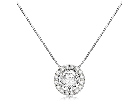 14K White Gold Necklace Round HaloCubic Zirconia Solitaire1.25CTW 18 Inch .60mm Box Link Chain