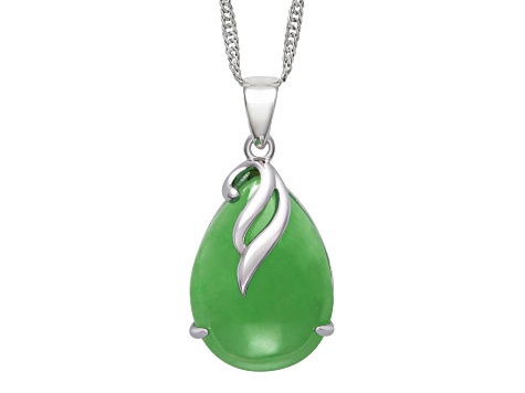 Green 18x13MM Jadeite Tear Drop Shape Sterling Silver Pendant with Singapore Chain