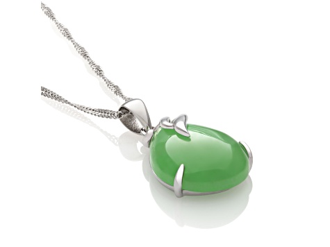 Green 18x13MM  Jadeite Tear Drop Shape Sterling Silver Pendant with Singapore Chain