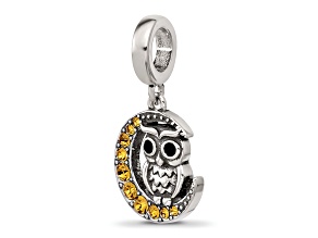 Sterling Silver Crystal Owl Sitting On Moon Dangle Bead