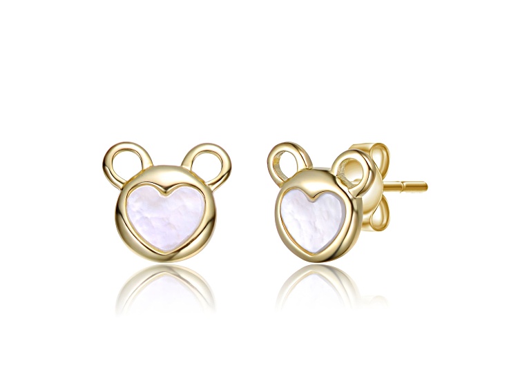 White Mother Of Pearl, 14K Gold Plated over Brass Bear-Eared Heart Stud Earrings for Kids