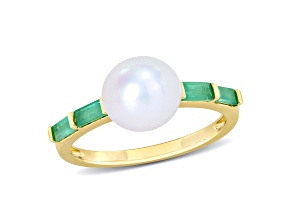 8-8.5MM Freshwater Cultured Pearl an 1/2 CT TGW Emerald Ring in 10K Yellow Gold