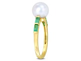 8-8.5MM Freshwater Cultured Pearl an 1/2 CT TGW Emerald Ring in 10K Yellow Gold