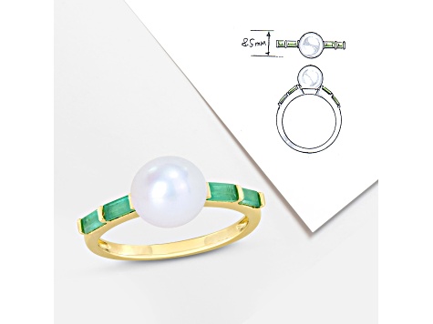 8-8.5MM Freshwater Cultured Pearl an 1/2 CT TGW Emerald Ring in 10K Yellow Gold