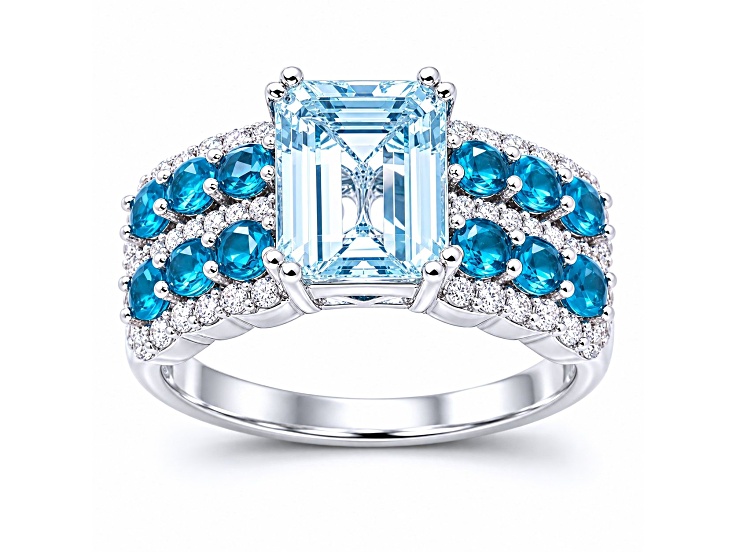 Emerald Cut Aquamarine With Round Neon Apatite Rhodium Over Sterling Silver Cocktail Ring 3Cttw
