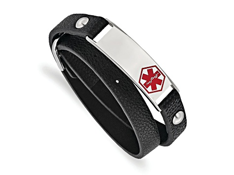 Black Leather and Stainless Steel Polished Enamel Wrap Medical Adjustable Bracelet