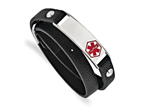 Black Leather and Stainless Steel Polished Enamel Wrap Medical Adjustable Bracelet