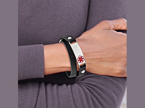 Black Leather and Stainless Steel Polished Enamel Wrap Medical Adjustable Bracelet