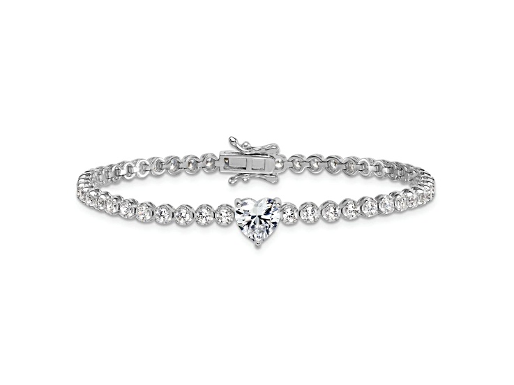 Rhodium Over Sterling Silver Polished Round and Heart Cubic Zirconia 7.25 Inch Bracelet