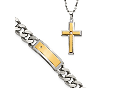 White Cubic Zirconia Stainless Steel Yellow IP-plated Men's Pendant With Chain And Bracelet