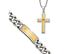White Cubic Zirconia Stainless Steel Yellow IP-plated Men's Pendant With Chain And Bracelet