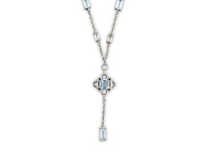 Natural Sky Blue Topaz and White Topaz Y Drop Rhodium Over Sterling Silver Pendant With Chain