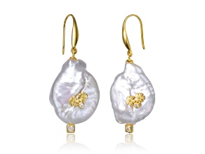 Genuine White Freshwater Pearl, 14K Gold Plated over Sterling Silver Hook Earrings