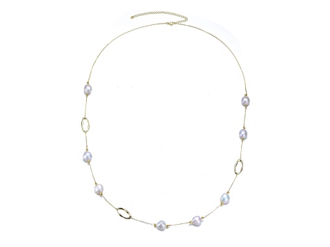 Genuine Freshwater Pearl, 14K Yellow Gold Plated over Sterling Silver Station Necklace