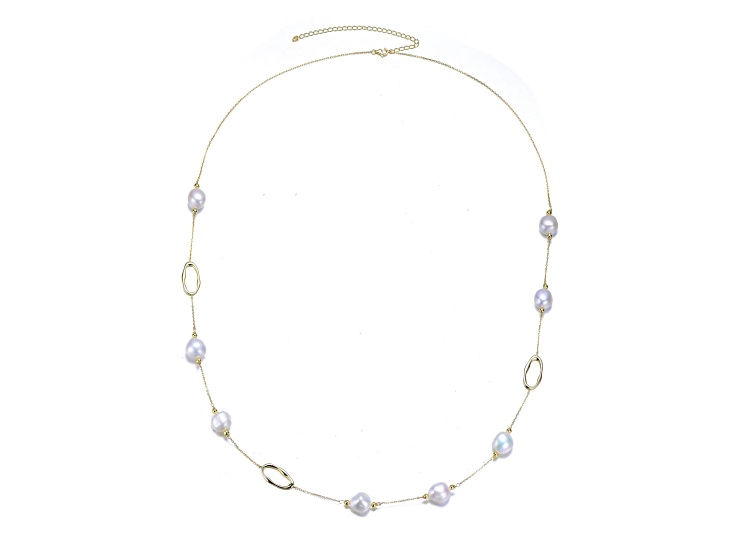 Genuine Freshwater Pearl, 14K Yellow Gold Plated over Sterling Silver Station Necklace