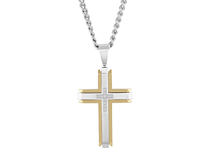 Yellow Ion-Plated Stainless Steel and 0.10ctw Diamond Cross Pendant With Chain
