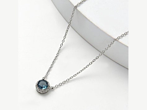 London Blue Topaz with White Topaz Halo Rhodium Over Sterling Silver Necklace