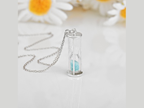 Aquamarine Rhodium Over Sterling Silver Hourglass Sand Timer Pendant