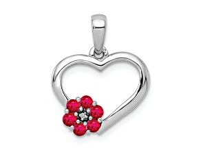 Rhodium Over 14k White Gold Diamond and Ruby Heart with Flower Pendant