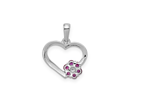 Rhodium Over 14k White Gold Diamond and Ruby Heart with Flower Pendant