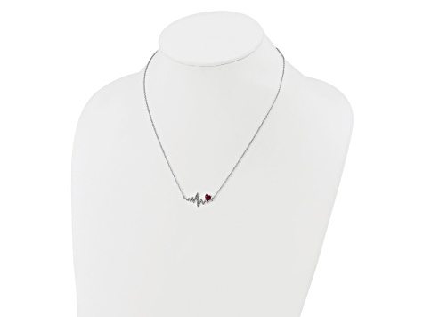 Rhodium Over Sterling Silver Lab Created Ruby and Cubic Zirconia Heartbeat Necklace