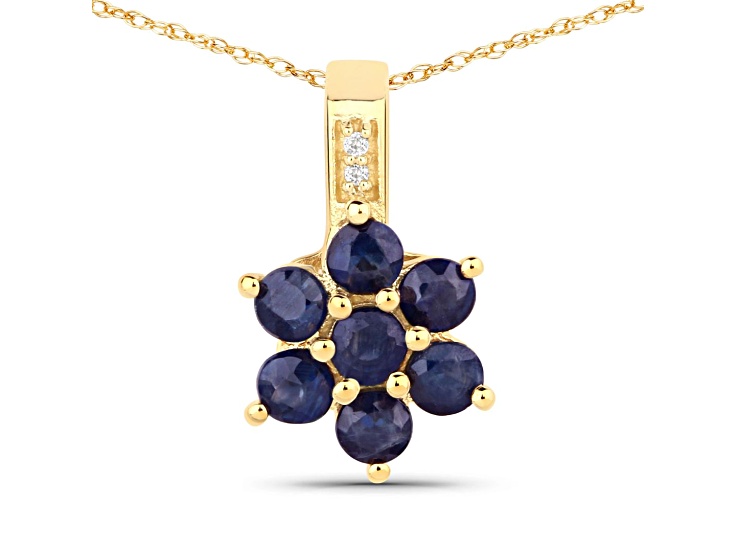 Blue Sapphire and White Diamond 10K Yellow Gold Floral Necklace 0.43ctw
