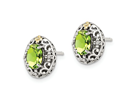 Sterling Silver with 14K Accent Antiqued Peridot Post Earrings