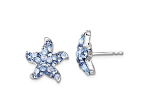 Rhodium Over Sterling Silver Polished Blue Crystal Starfish Post Earrings