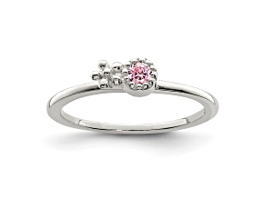Sterling Silver Polished and Beaded Pink Cubic Zirconia Flower Children's Ring