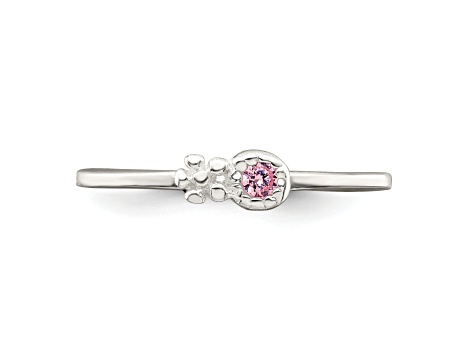 Sterling Silver Polished and Beaded Pink Cubic Zirconia Flower Children's Ring