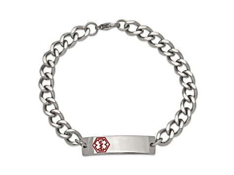 Stainless Steel Polished with Red Enamel 9.5-inch Medical ID Bracelet