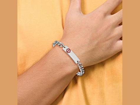 Stainless Steel Polished with Red Enamel 9.5-inch Medical ID Bracelet