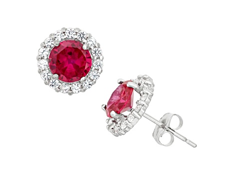 Lab Created Ruby 10K Yellow Gold Halo Earrings 2.45ctw