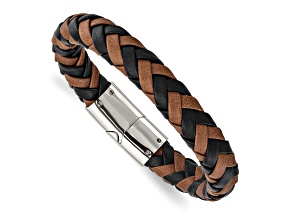 Black and Brown Leather and Stainless Steel Polished 8.5-inch Bracelet